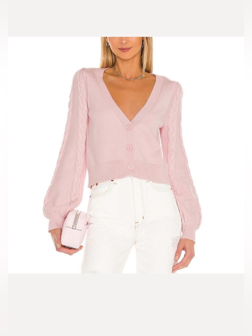 Lovers + Friends Hideaway Pink Cable Knit Balloon Sleeve Cardigan Medium